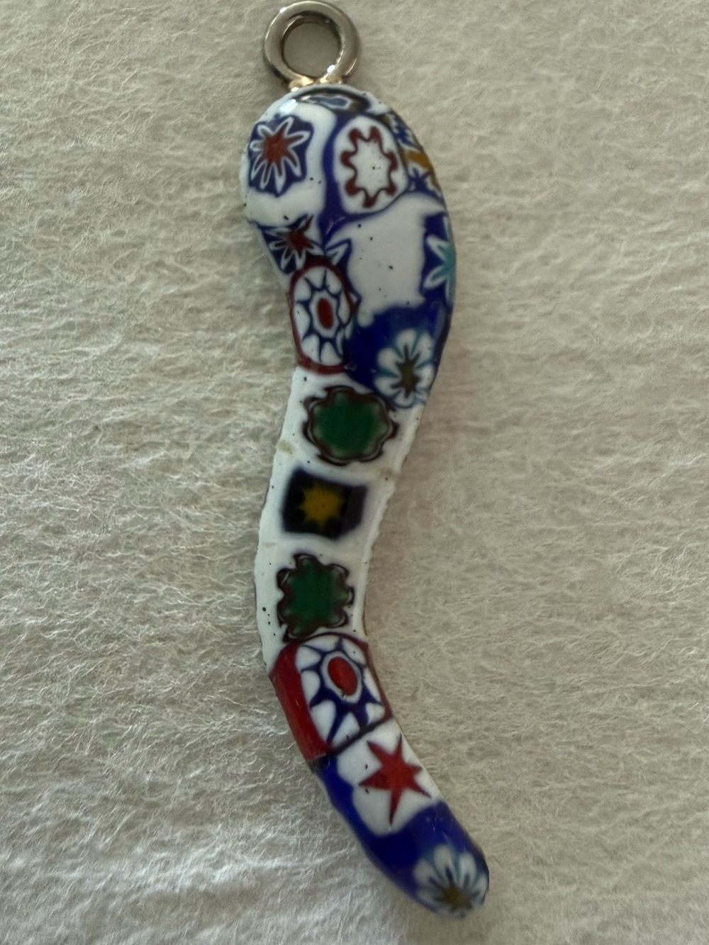 Vintage 1990s or Earlier Millefiori Chili Pepper Charm Pendant Floral Silver Ton